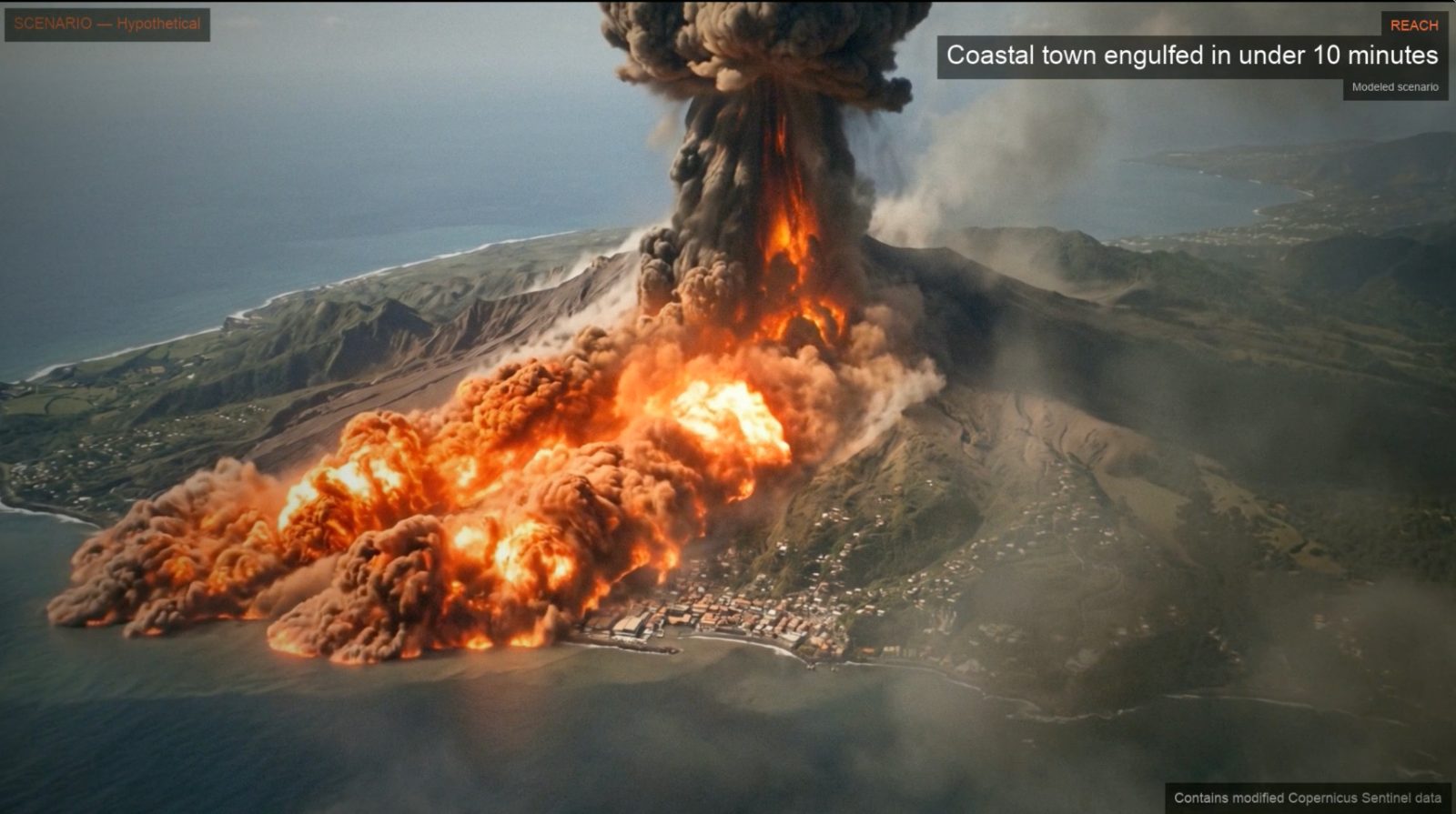 Mont Pelée eruption column, reconstructed on Copernicus DEM